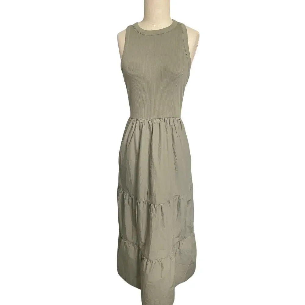 Tiered Tank Midi Dress Olive Sage Green